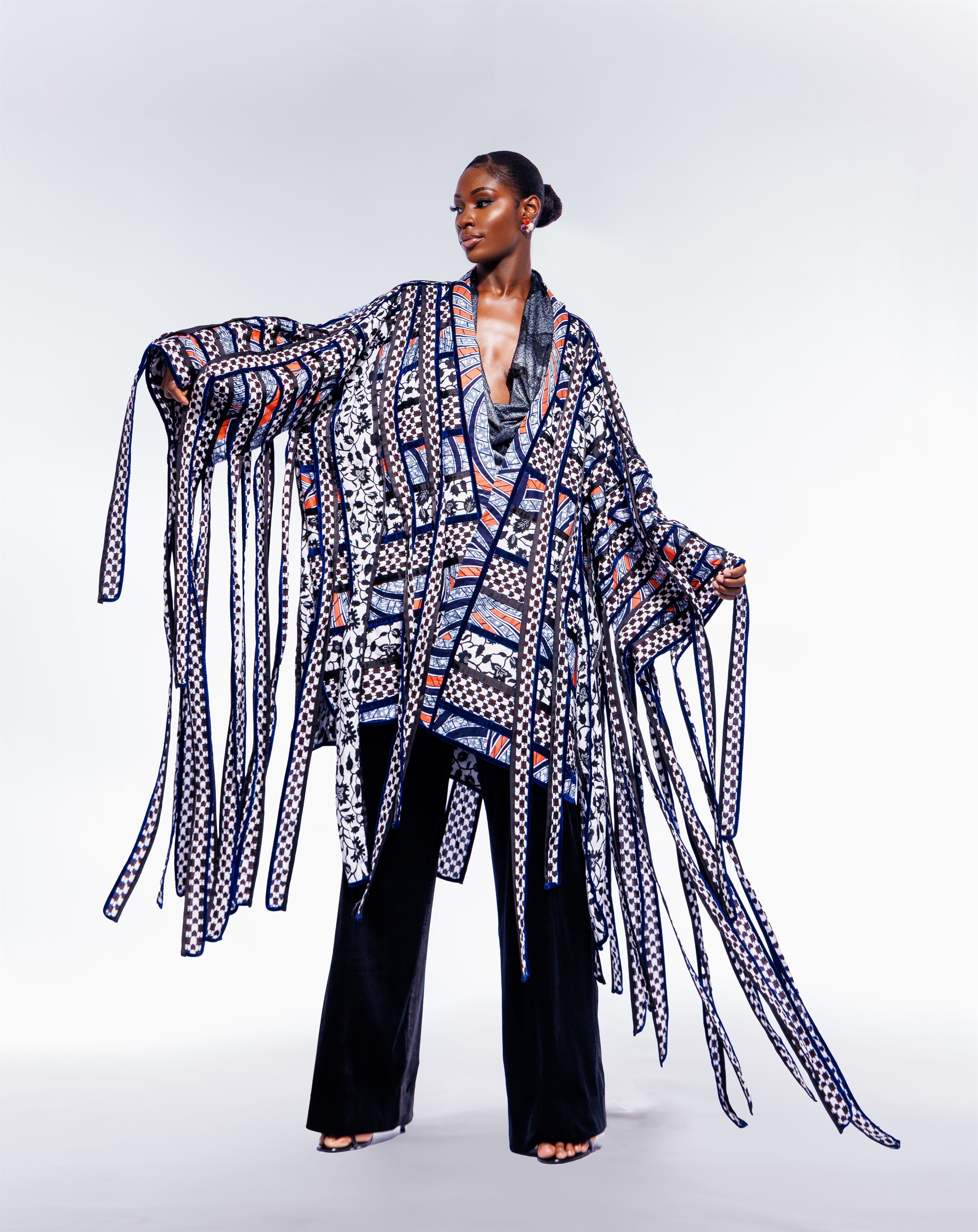 Monochrome & Coral YETCO Fringe Kimono