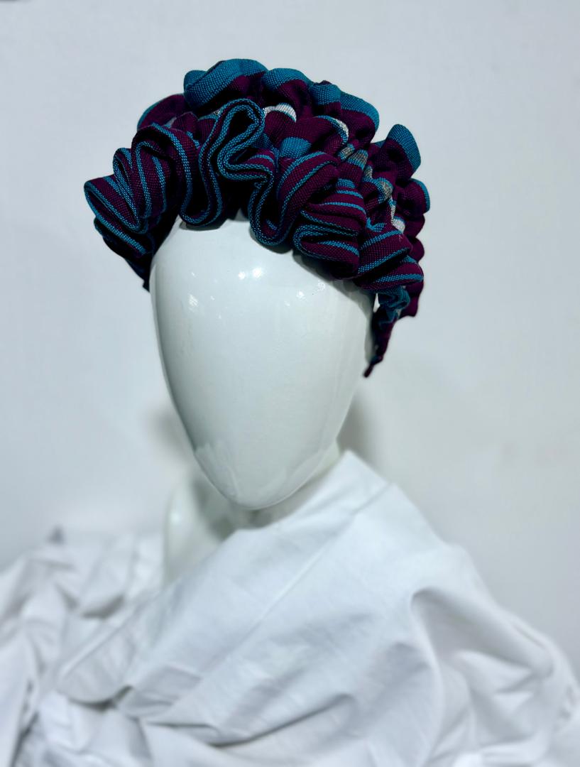 Aso Oke Ruffle Headband (Teal & Burgundy)