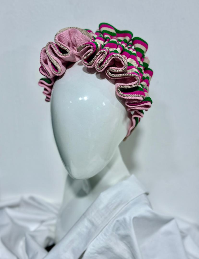 Aso Oke Ruffle Headband (Pink & Green)